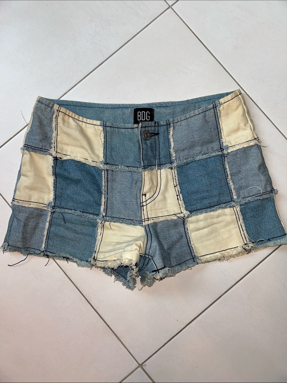 BDG Patchwork Two-Tone Denim Shorts in Blue & Cream